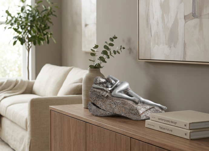 Silver metallic statue of a reclining figure on a rock base, displayed proportionally on top of a modern wooden sideboard or console table in an elegant living room or bedroom, sophisticated interior design, nat